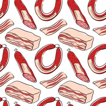 Seamless pattern of sausage, bacon and salami in flat style on white background Stock Illustration