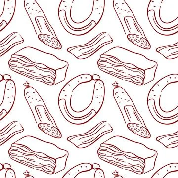 Seamless pattern of sausage, bacon and salami in line art style on white Stock Illustration