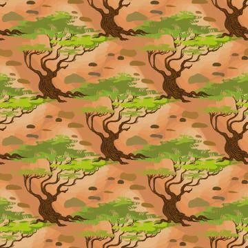 Seamless pattern savanna acacia tree, vector cartoon illustration Illustrazione stock