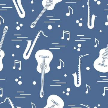 Seamless pattern with saxophones, notes, guitars. 스톡 일러스트