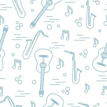 Seamless pattern with saxophones, notes, guitars. 库存插图
