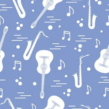 Seamless pattern with saxophones, notes, guitars. 스톡 일러스트