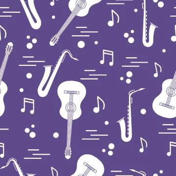 Seamless pattern with saxophones, notes, guitars. Stock Illustration