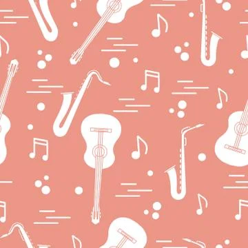 Seamless pattern with saxophones, notes, guitars. 스톡 일러스트
