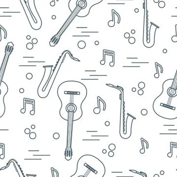 Seamless pattern with saxophones, notes, guitars. Stock Illustration