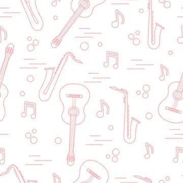 Seamless pattern with saxophones, notes, guitars. Illustrazione stock