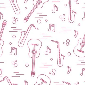 Seamless pattern with saxophones, notes, guitars. 스톡 일러스트
