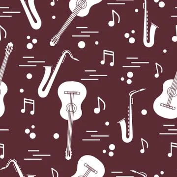 Seamless pattern with saxophones, notes, guitars. Illustrazione stock