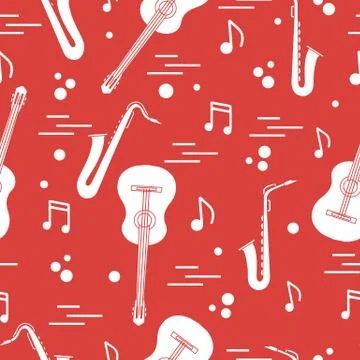 Seamless pattern with saxophones, notes, guitars. 스톡 일러스트