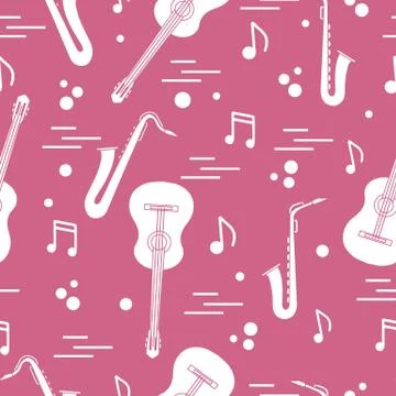 Seamless pattern with saxophones, notes, guitars. Illustrazione stock