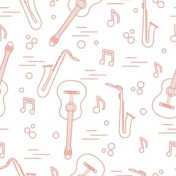 Seamless pattern with saxophones, notes, guitars. 스톡 일러스트
