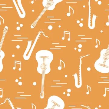 Seamless pattern with saxophones, notes, guitars. 스톡 일러스트