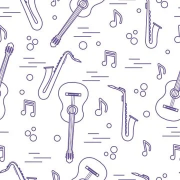 Seamless pattern with saxophones, notes, guitars. Illustrazione stock