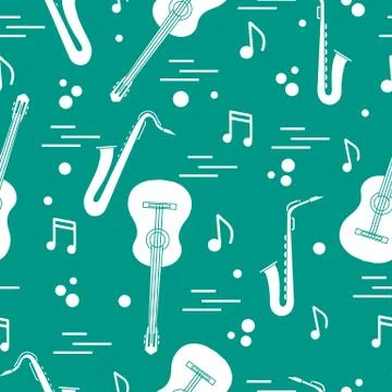Seamless pattern with saxophones, notes, guitars. Stock Illustration