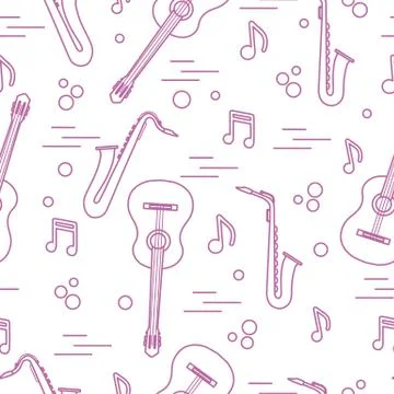Seamless pattern with saxophones, notes, guitars. 库存插图