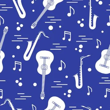 Seamless pattern with saxophones, notes, guitars. 스톡 일러스트