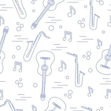 Seamless pattern with saxophones, notes, guitars. Stock Illustration