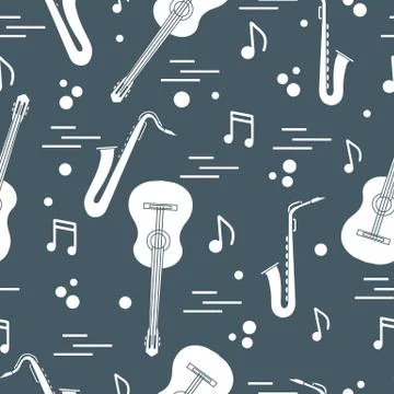 Seamless pattern with saxophones, notes, guitars. 스톡 일러스트