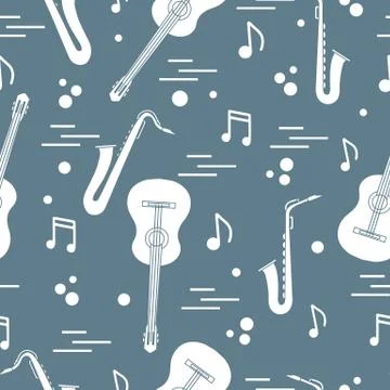 Seamless pattern with saxophones, notes, guitars. 스톡 일러스트