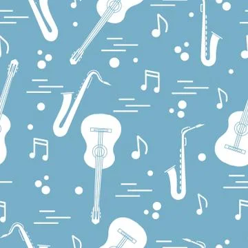Seamless pattern with saxophones, notes, guitars. 스톡 일러스트