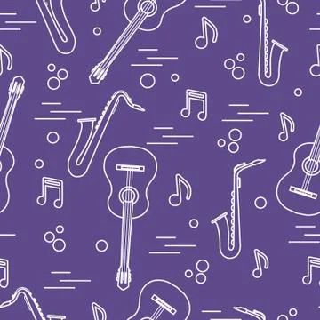 Seamless pattern with saxophones, notes, guitars. Illustrazione stock
