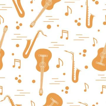Seamless pattern with saxophones, notes, guitars. 스톡 일러스트