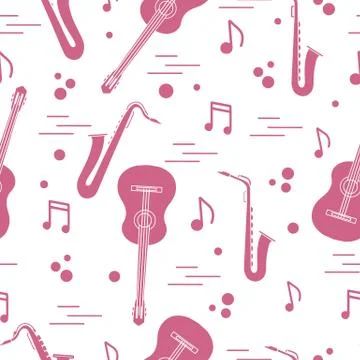 Seamless pattern with saxophones, notes, guitars. 스톡 일러스트
