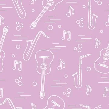 Seamless pattern with saxophones, notes, guitars. 스톡 일러스트