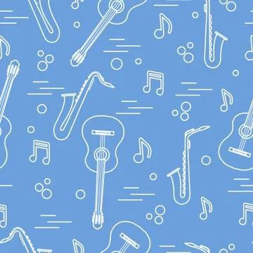 Seamless pattern with saxophones, notes, guitars. Illustrazione stock