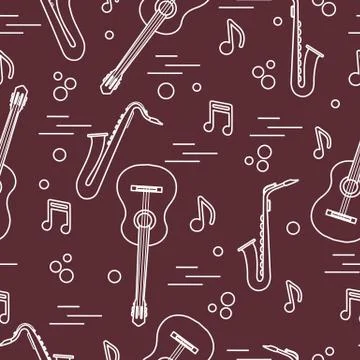 Seamless pattern with saxophones, notes, guitars. Illustrazione stock