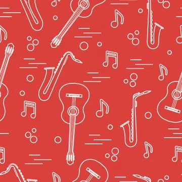 Seamless pattern with saxophones, notes, guitars. 스톡 일러스트