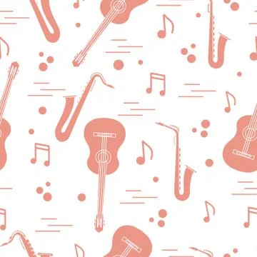 Seamless pattern with saxophones, notes, guitars. Illustrazione stock