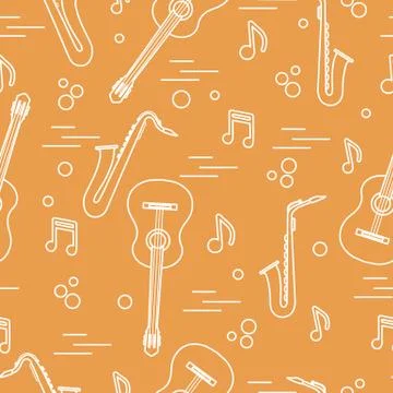 Seamless pattern with saxophones, notes, guitars. Stock Illustration