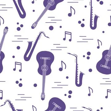 Seamless pattern with saxophones, notes, guitars. 스톡 일러스트