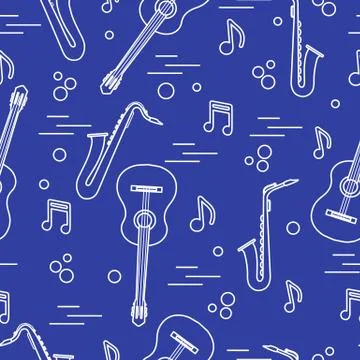 Seamless pattern with saxophones, notes, guitars. 库存插图