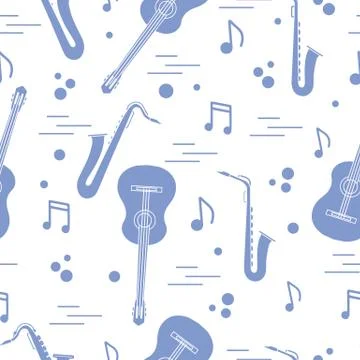 Seamless pattern with saxophones, notes, guitars. Illustrazione stock