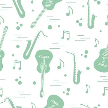 Seamless pattern with saxophones, notes, guitars. 스톡 일러스트
