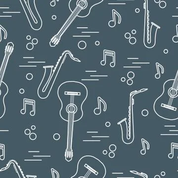 Seamless pattern with saxophones, notes, guitars. 스톡 일러스트