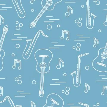 Seamless pattern with saxophones, notes, guitars. Illustrazione stock