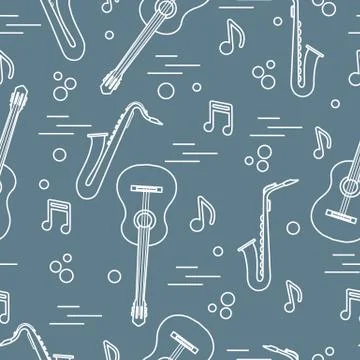 Seamless pattern with saxophones, notes, guitars. Illustrazione stock