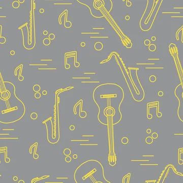 Seamless pattern with saxophones, notes, guitars. Stock Illustration