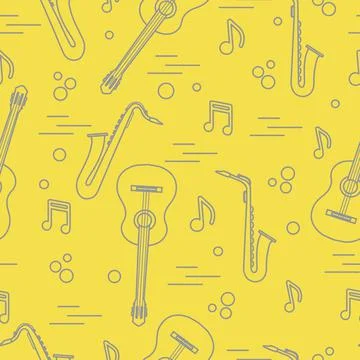 Seamless pattern with saxophones, notes, guitars. 스톡 일러스트