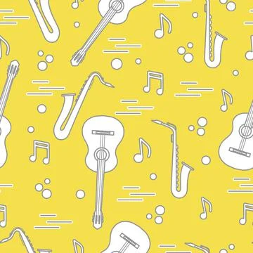 Seamless pattern with saxophones, notes, guitars. 스톡 일러스트