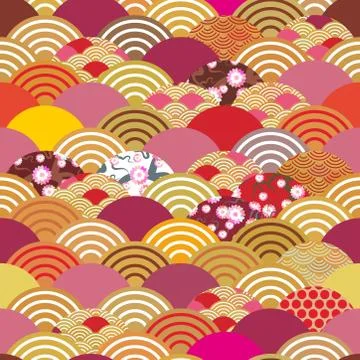 Seamless pattern scales simple Nature background with japanese sakura flower, Stock Illustration