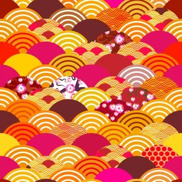 Seamless pattern scales simple Nature background with japanese sakura flower, Stock Illustration