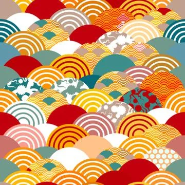 Seamless pattern scales simple Nature background with japanese sakura flower, Stock Illustration
