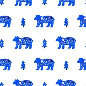 Seamless pattern with Scandinavian bears and fir trees. Stock Illustration