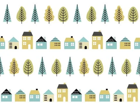 Seamless pattern of scandinavian cityscape and trees. Stock Illustration