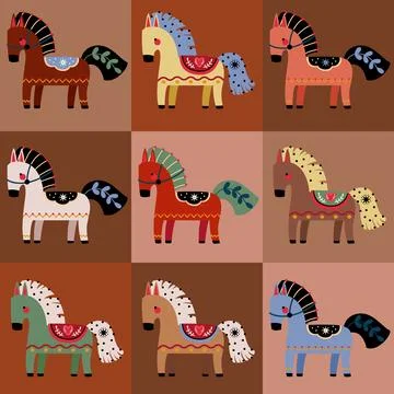 Seamless pattern with Scandinavian folk horses in colorful grid squares. Tr.. Stock Illustration