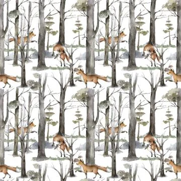 Seamless pattern scandinavian illustrations fox animal in forest. Realistic w Stock Illustration